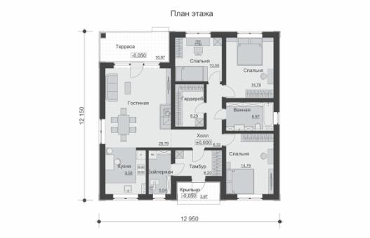 Одноэтажный дом с террасой, тремя спальнями и просторной гостиной